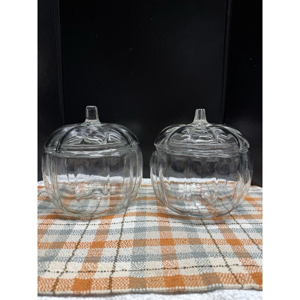 2 Vntg Anchor Hocking Clear Fall Glass Pumpkin Cookie Jars Candy Dish Canisters